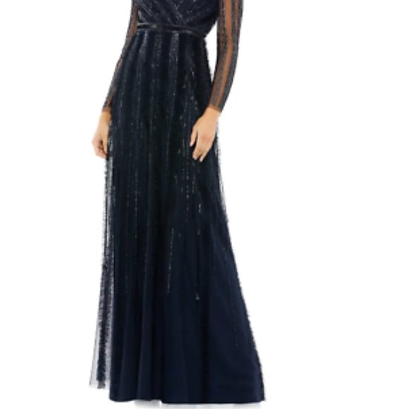 MAC DUGGAL ILLUSIONS A-LINE LONG SLEEVE MIDNIGHT NAVY GOWN sz 8 - Picture 6 of 7